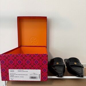 Tory Burch Black Patent Mules with Gold Logo